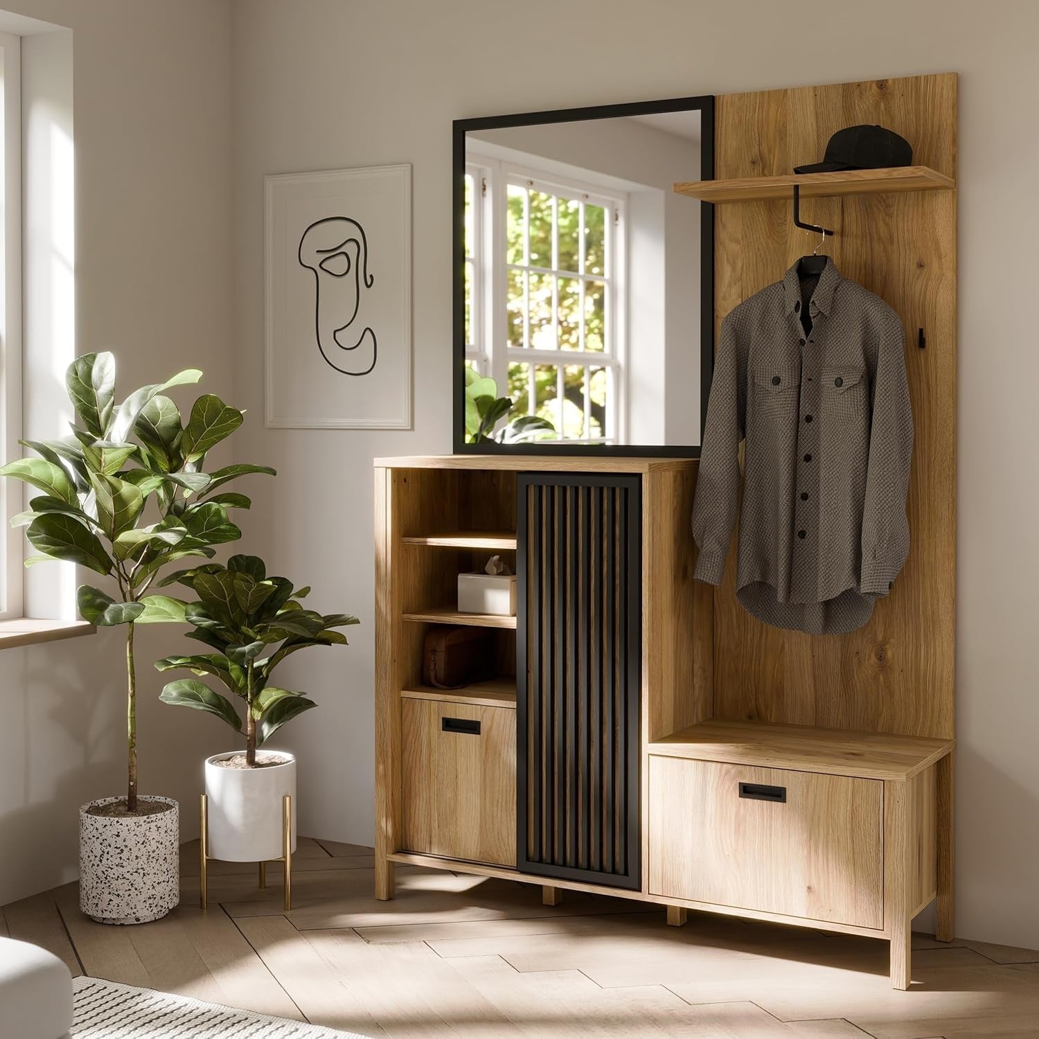 Garderobe mit Spiegel, Kleiderstange und Stauraum, Eiche und Schwarz, 132 ¡Á 200,3 ¡Á 40,2