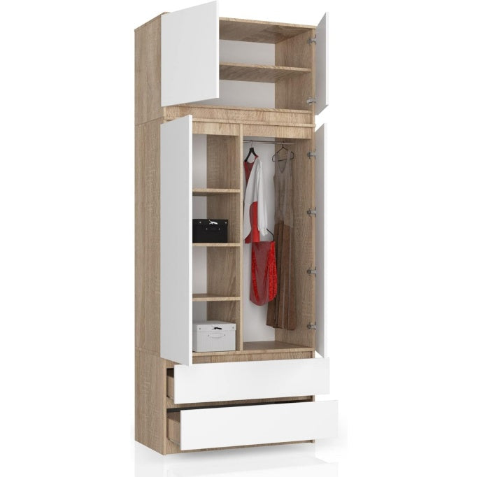 Kleiderschrank mit 4 Turen, 2 Schubladen, Kleiderstange und