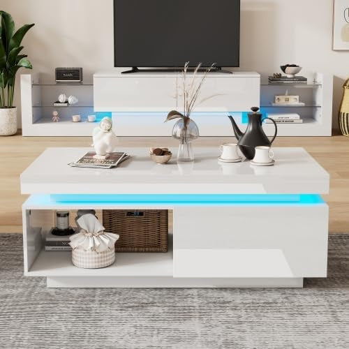 Couchtisch in Hochglanz Wei? mit LED-Beleuchtung und Schublade, 100 ¡Á 50 ¡Á 40,3