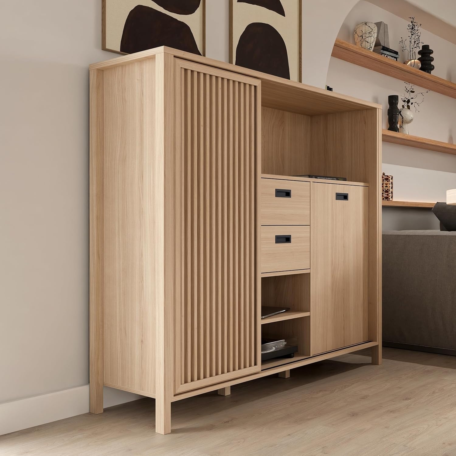Schrank mit 2 Schubladen, 2 Turen und 3 Regalfachern, Riva-Eiche, 149,9 ¡Á 129,9 ¡Á 40,2