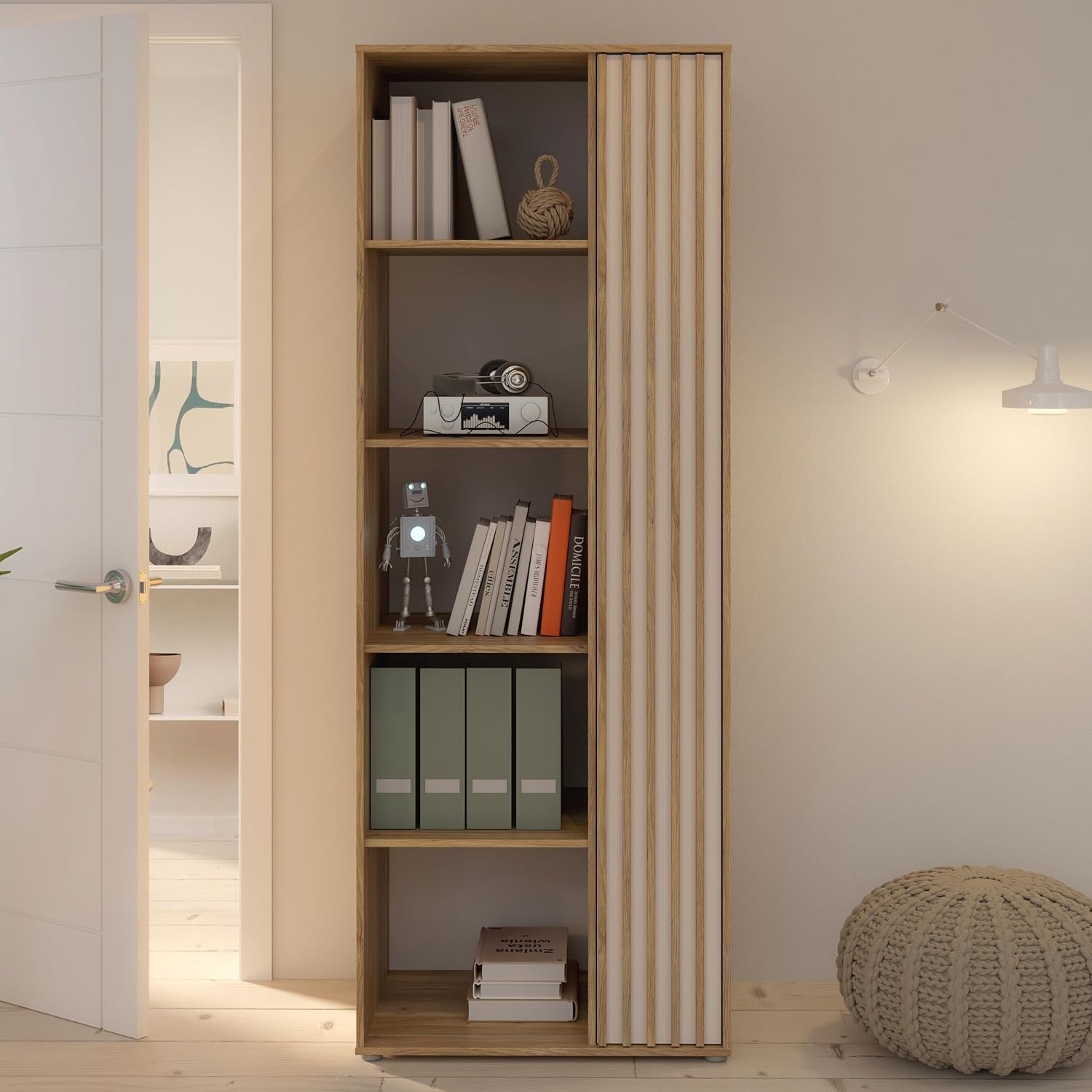 Bucherregal mit 1 Tur und 4 Einlegeboden im Lamellendesign aus Holzwerkstoff in Mauvella-Eiche und Kaschmirbeige, 74 ¡Á 200,1 ¡Á 54